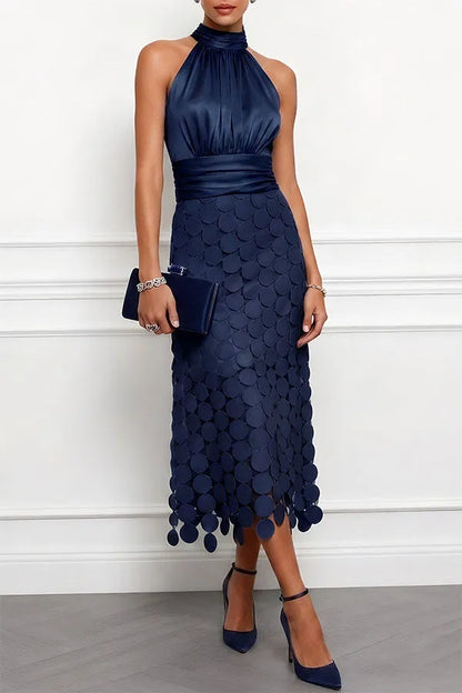 Women’s Elegant Ruched Midi Wedding Guest Dress with Halter Neck