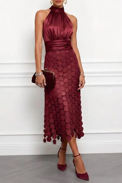 Women’s Elegant Ruched Midi Wedding Guest Dress with Halter Neck