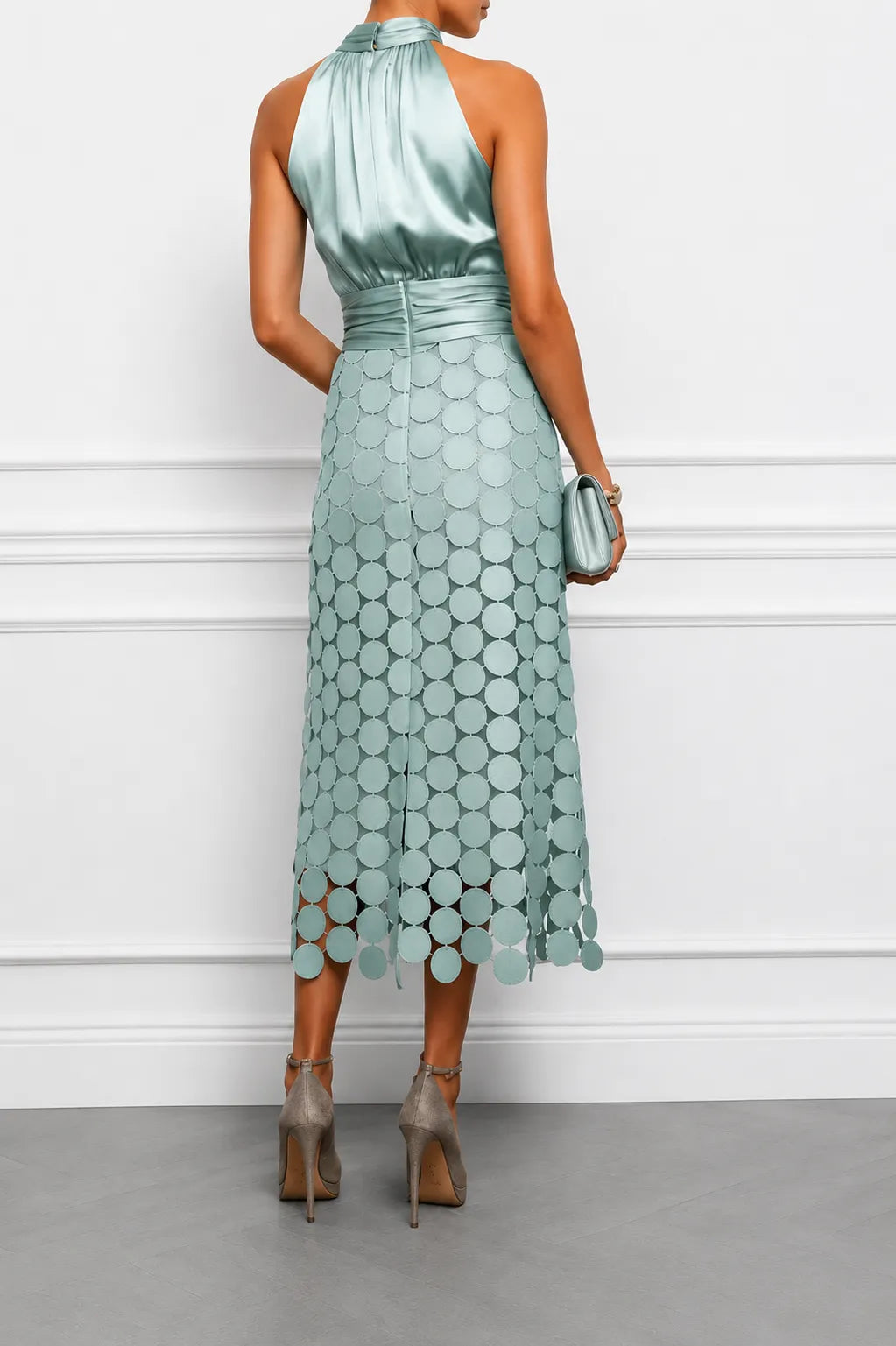 Women’s Elegant Ruched Midi Wedding Guest Dress with Halter Neck