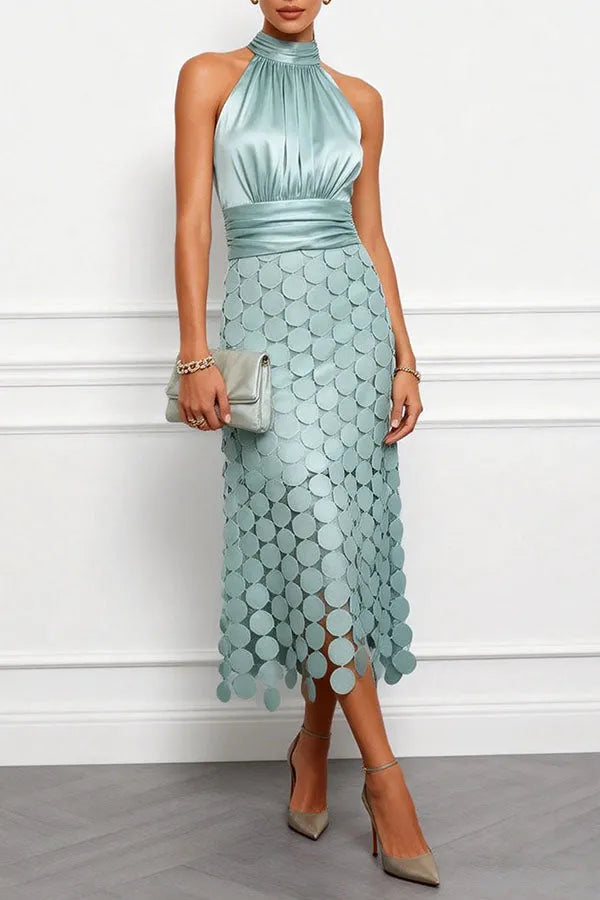 Women’s Elegant Ruched Midi Wedding Guest Dress with Halter Neck
