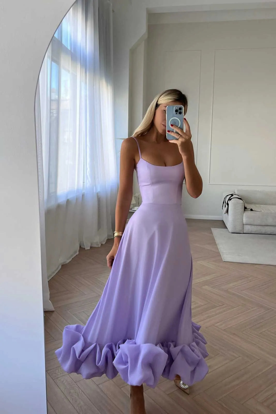Women’s Elegant Ruffle Maxi Wedding Guest Dress with Spaghetti Straps