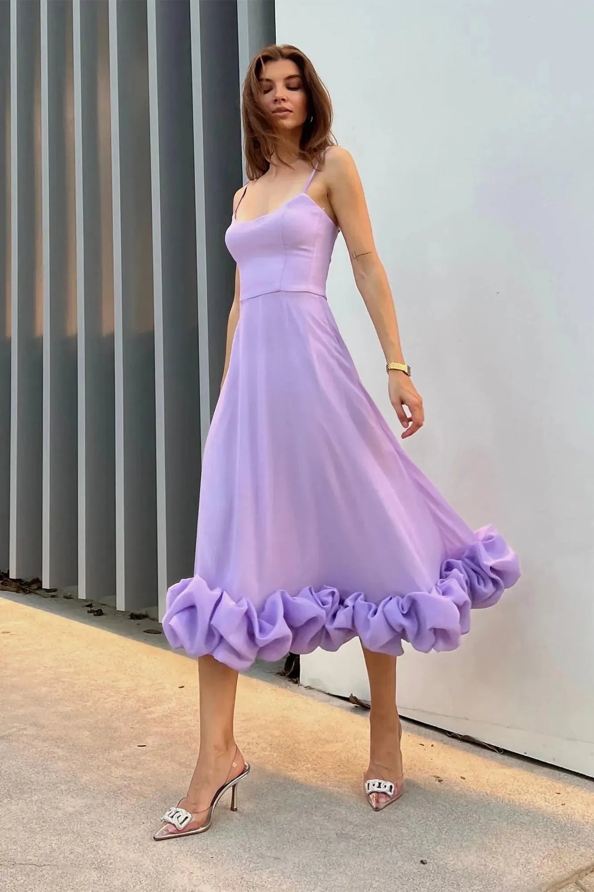 Women’s Elegant Ruffle Maxi Wedding Guest Dress with Spaghetti Straps