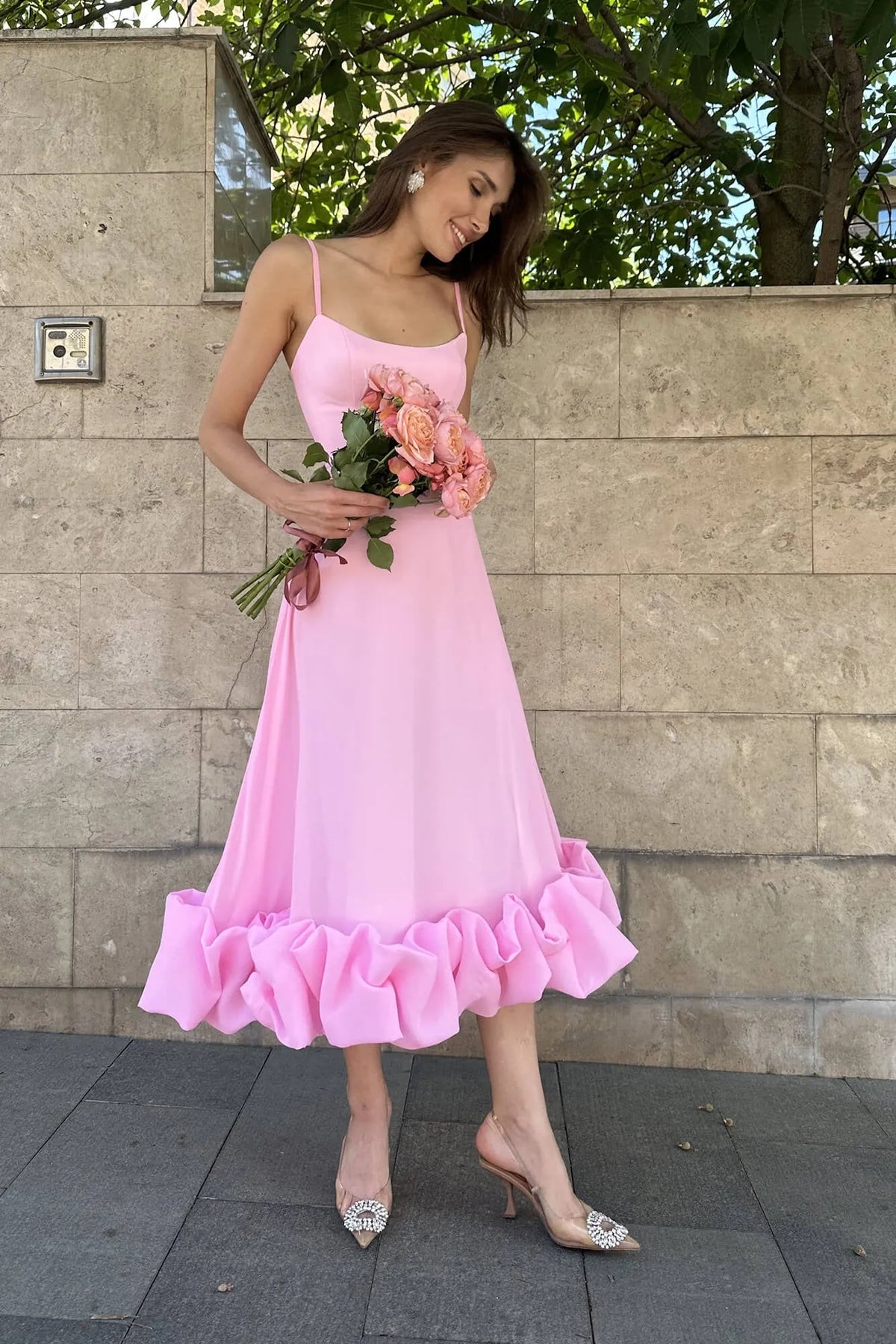 Women’s Elegant Ruffle Maxi Wedding Guest Dress with Spaghetti Straps