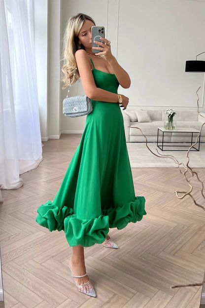 Women’s Elegant Ruffle Maxi Wedding Guest Dress with Spaghetti Straps