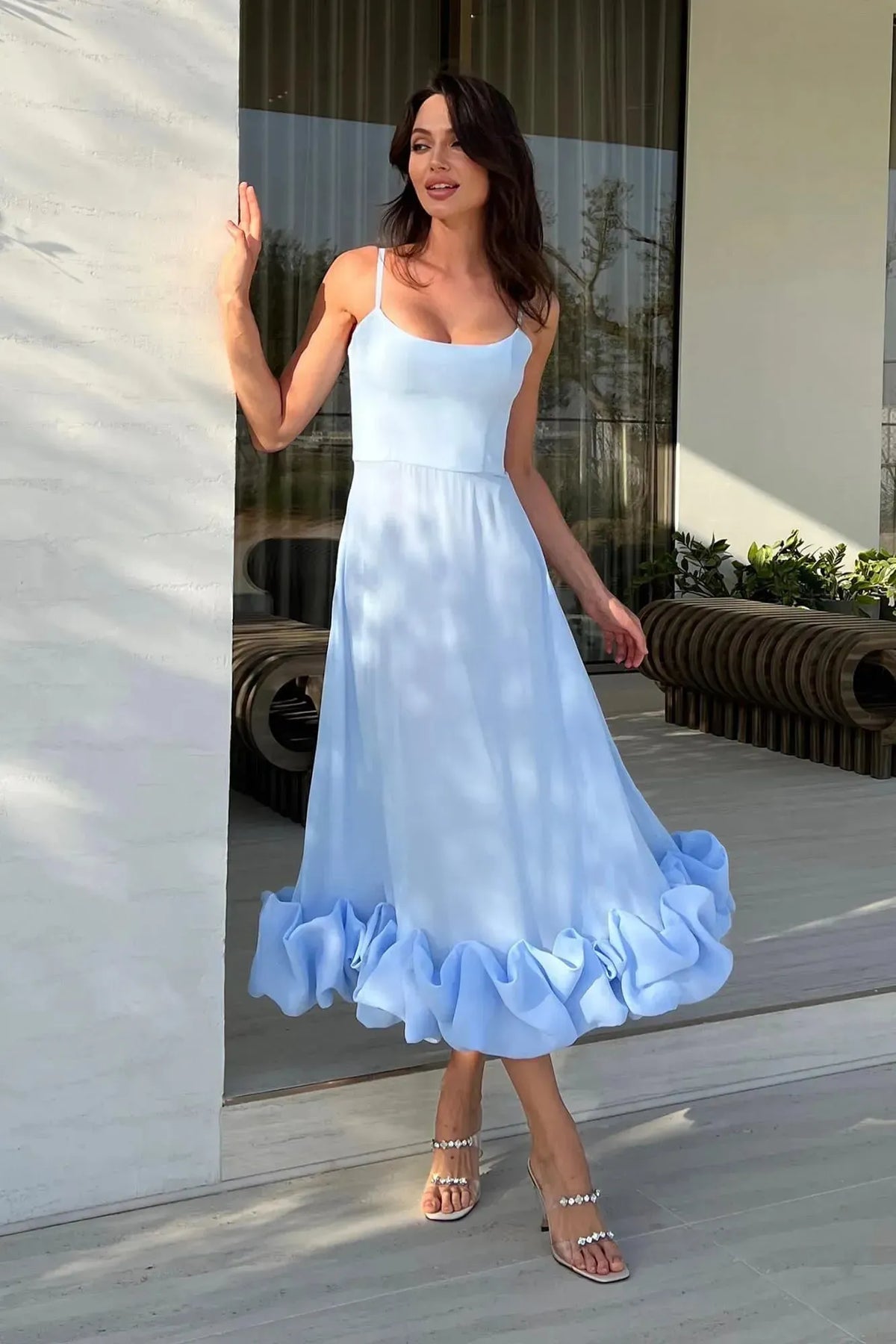 Women’s Elegant Ruffle Maxi Wedding Guest Dress with Spaghetti Straps