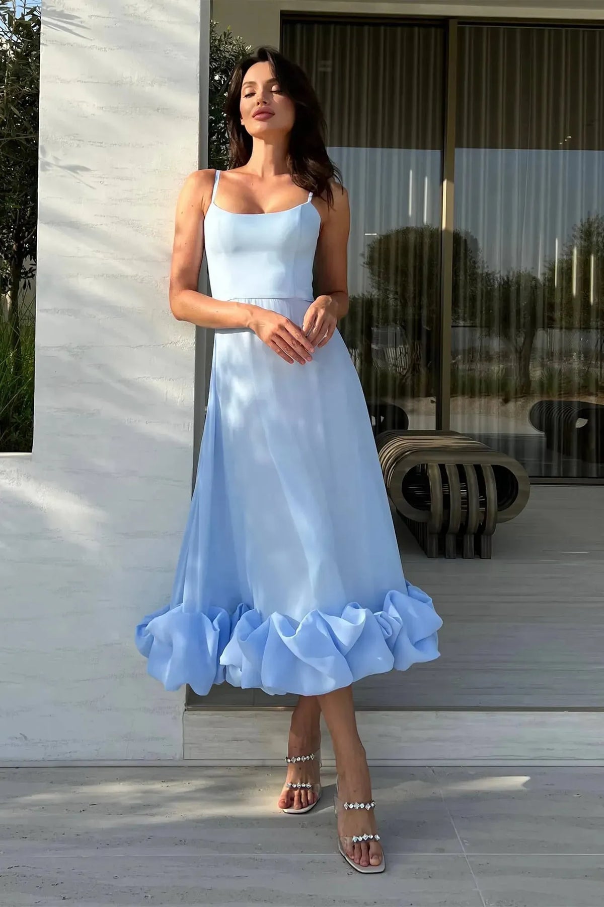 Women’s Elegant Ruffle Maxi Wedding Guest Dress with Spaghetti Straps