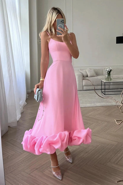 Women’s Elegant Ruffle Maxi Wedding Guest Dress with Spaghetti Straps