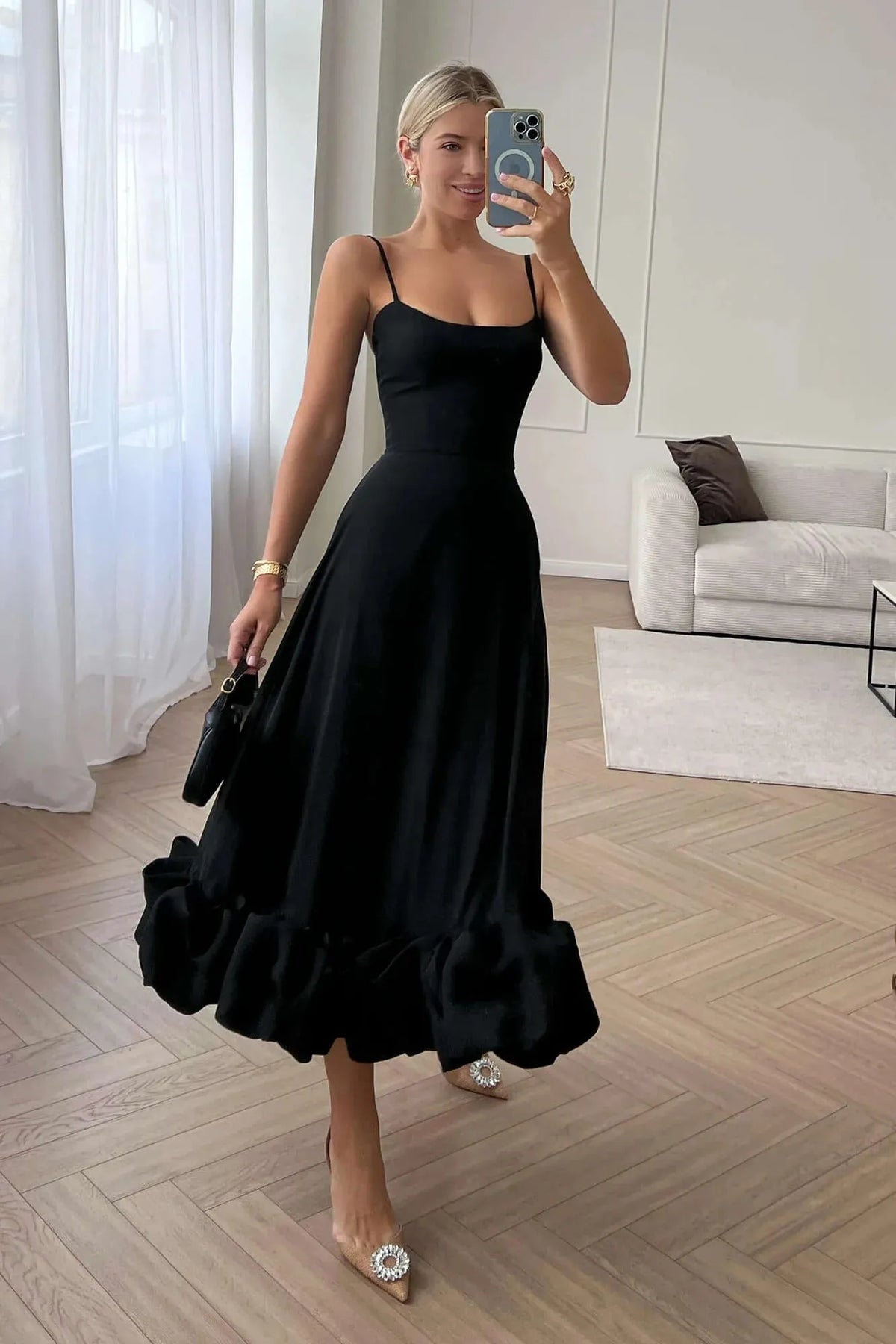 Women’s Elegant Ruffle Maxi Wedding Guest Dress with Spaghetti Straps