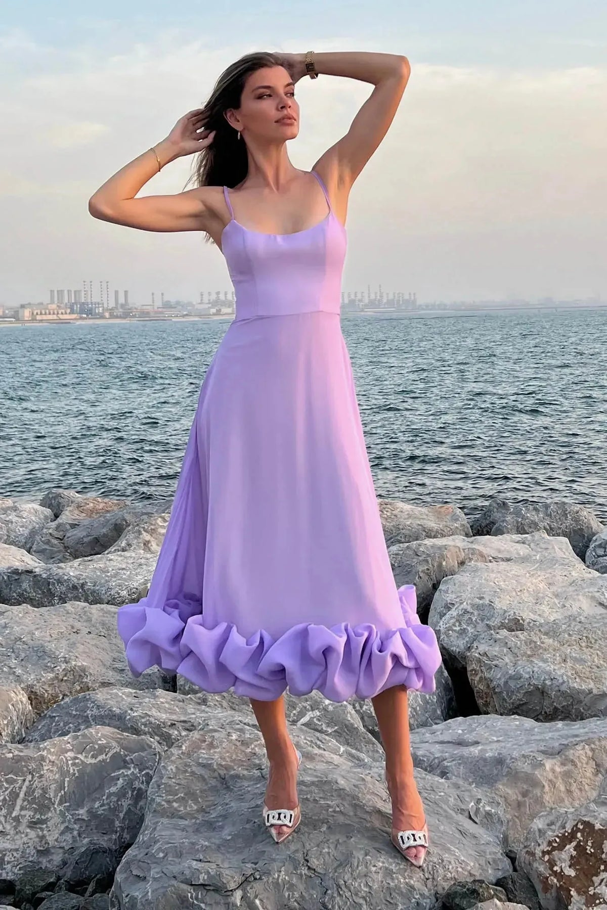 Women’s Elegant Ruffle Maxi Wedding Guest Dress with Spaghetti Straps