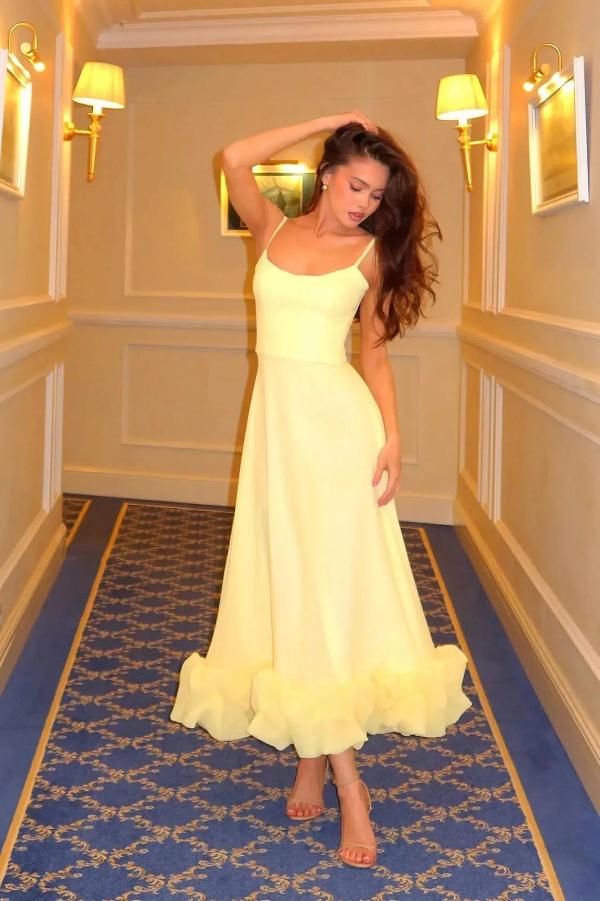 Women’s Elegant Ruffle Maxi Wedding Guest Dress with Spaghetti Straps