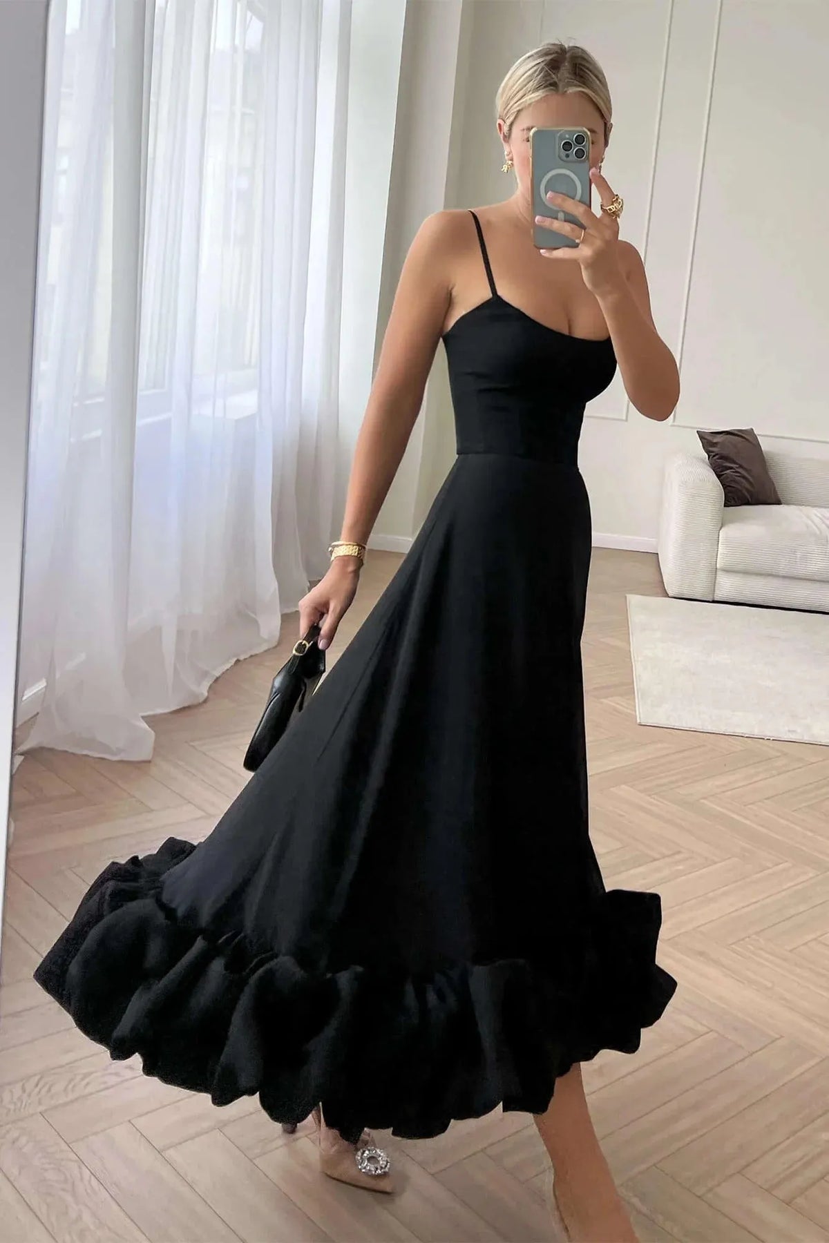 Women’s Elegant Ruffle Maxi Wedding Guest Dress with Spaghetti Straps