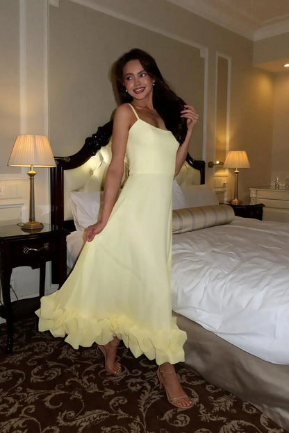 Women’s Elegant Ruffle Maxi Wedding Guest Dress with Spaghetti Straps