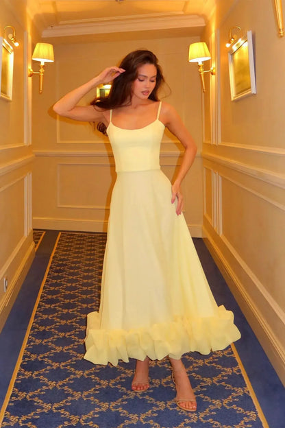 Women’s Elegant Ruffle Maxi Wedding Guest Dress with Spaghetti Straps