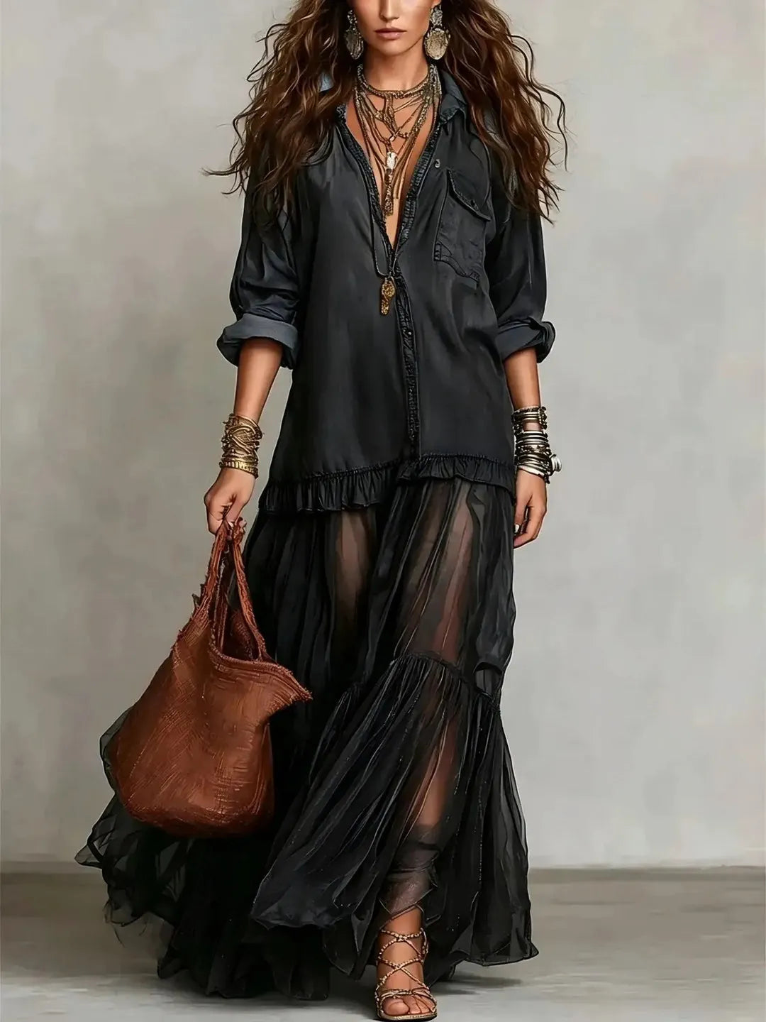 Women's Elegant Ruffle Maxi Wedding Guest Dress with V-Neck