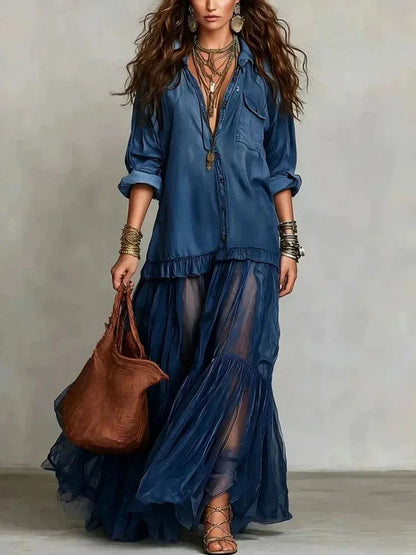 Women's Elegant Ruffle Maxi Wedding Guest Dress with V-Neck
