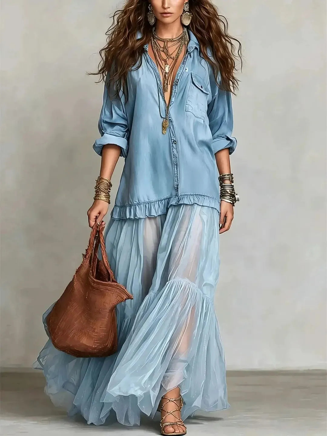 Women's Elegant Ruffle Maxi Wedding Guest Dress with V-Neck