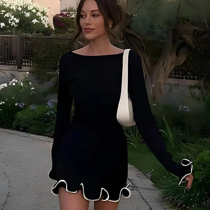 Women's Elegant Ruffle Mini Wedding Guest Dress with Boat Neck