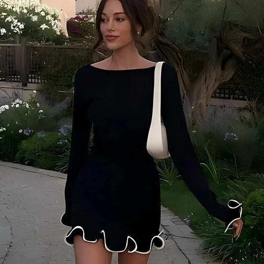 Women's Elegant Ruffle Mini Wedding Guest Dress with Boat Neck
