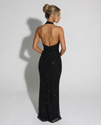 Women's Elegant Sequin Maxi Cocktail Dress with Halter Neck