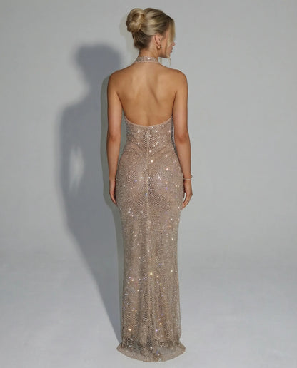 Women's Elegant Sequin Maxi Cocktail Dress with Halter Neck