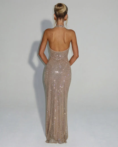 Women's Elegant Sequin Maxi Cocktail Dress with Halter Neck