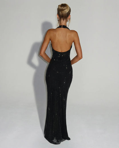 Women's Elegant Sequin Maxi Cocktail Dress with Halter Neck