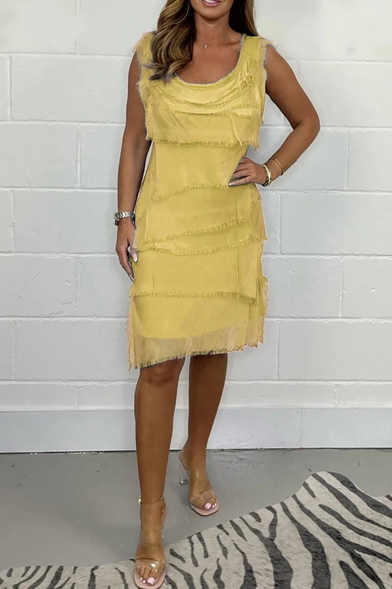 Women’s Elegant Sleeveless Mini Wedding Guest Dress with Fringe