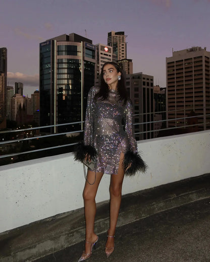 Women's Elegant Sparkly Mini Cocktail Dress with Long Sleeve
