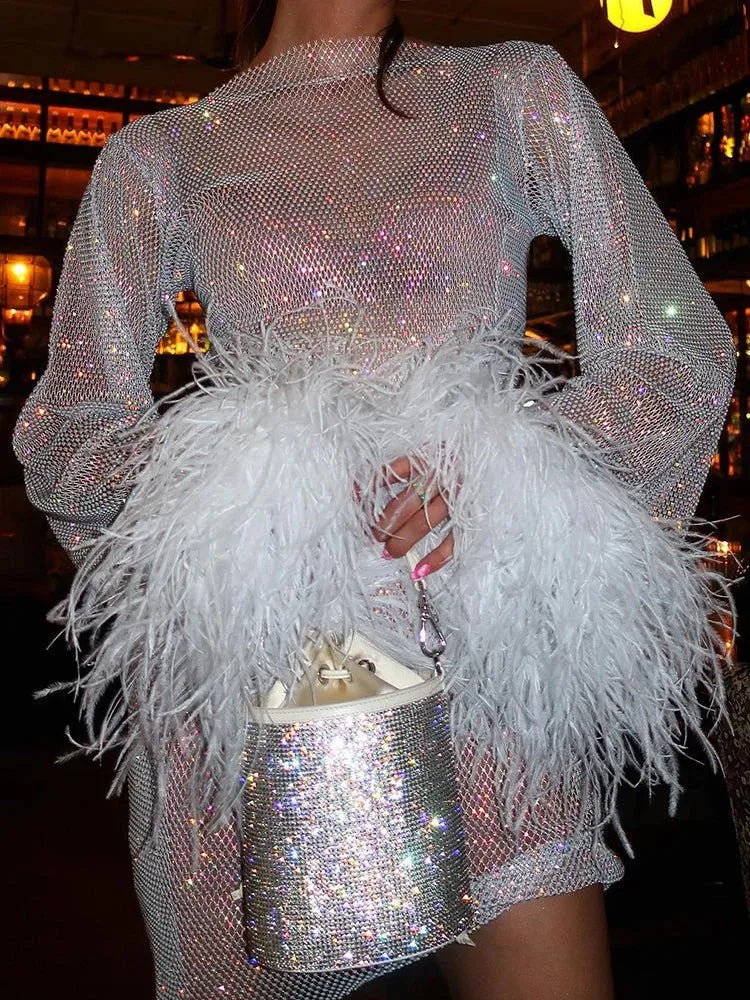 Women's Elegant Sparkly Mini Cocktail Dress with Long Sleeve