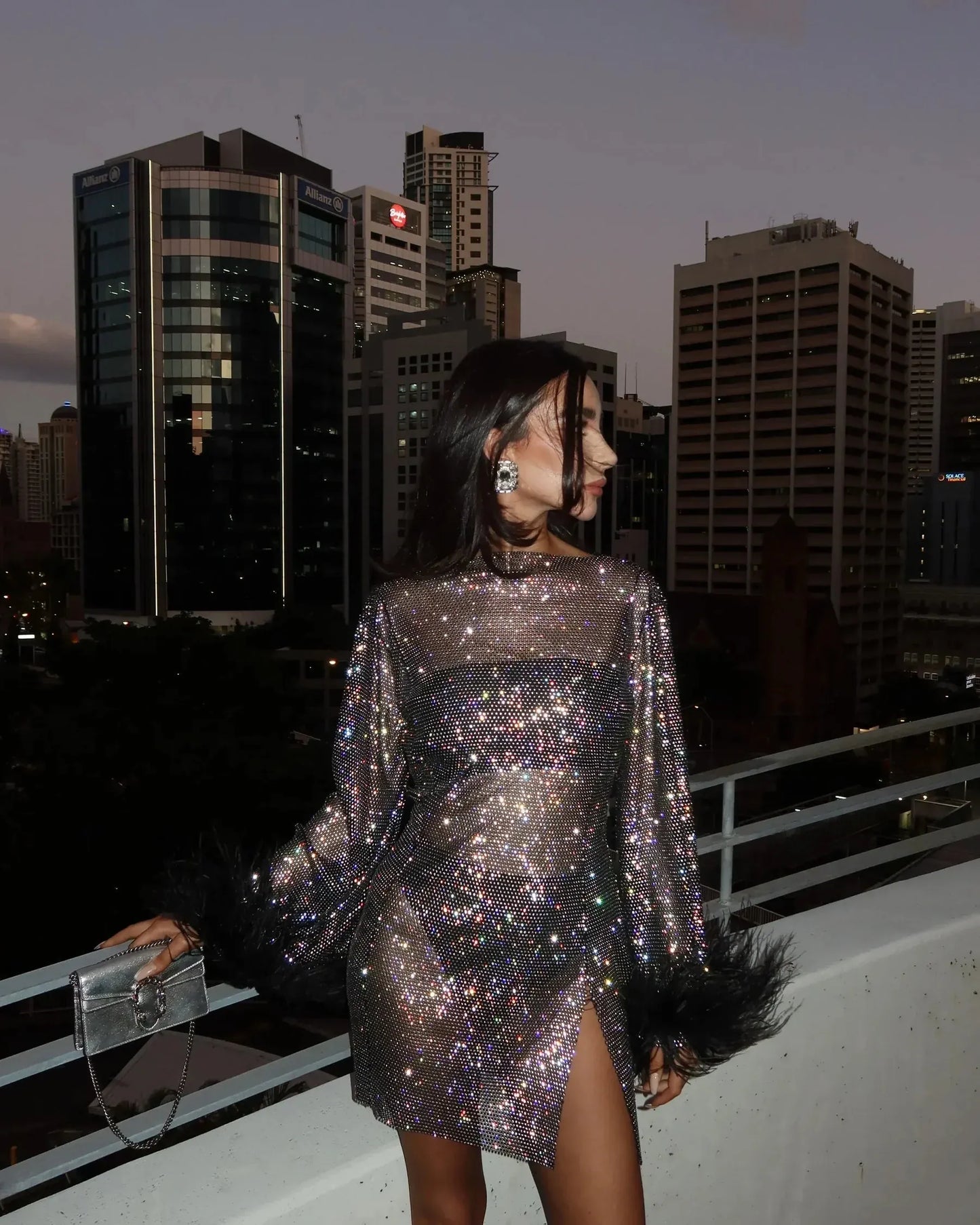 Women's Elegant Sparkly Mini Cocktail Dress with Long Sleeve