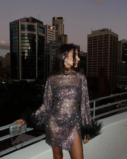 Women's Elegant Sparkly Mini Cocktail Dress with Long Sleeve