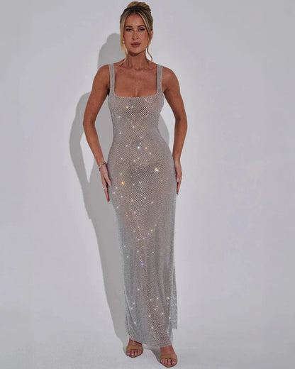 Women's Elegant Square Neck Maxi Cocktail Dress with Embellished Detailing