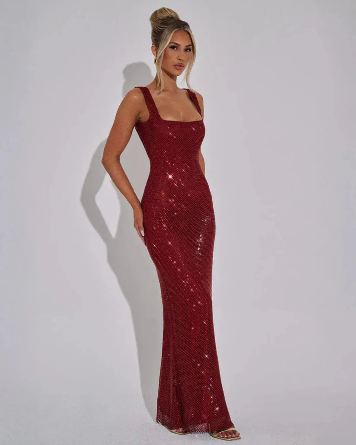 Women's Elegant Square Neck Maxi Cocktail Dress with Embellished Detailing