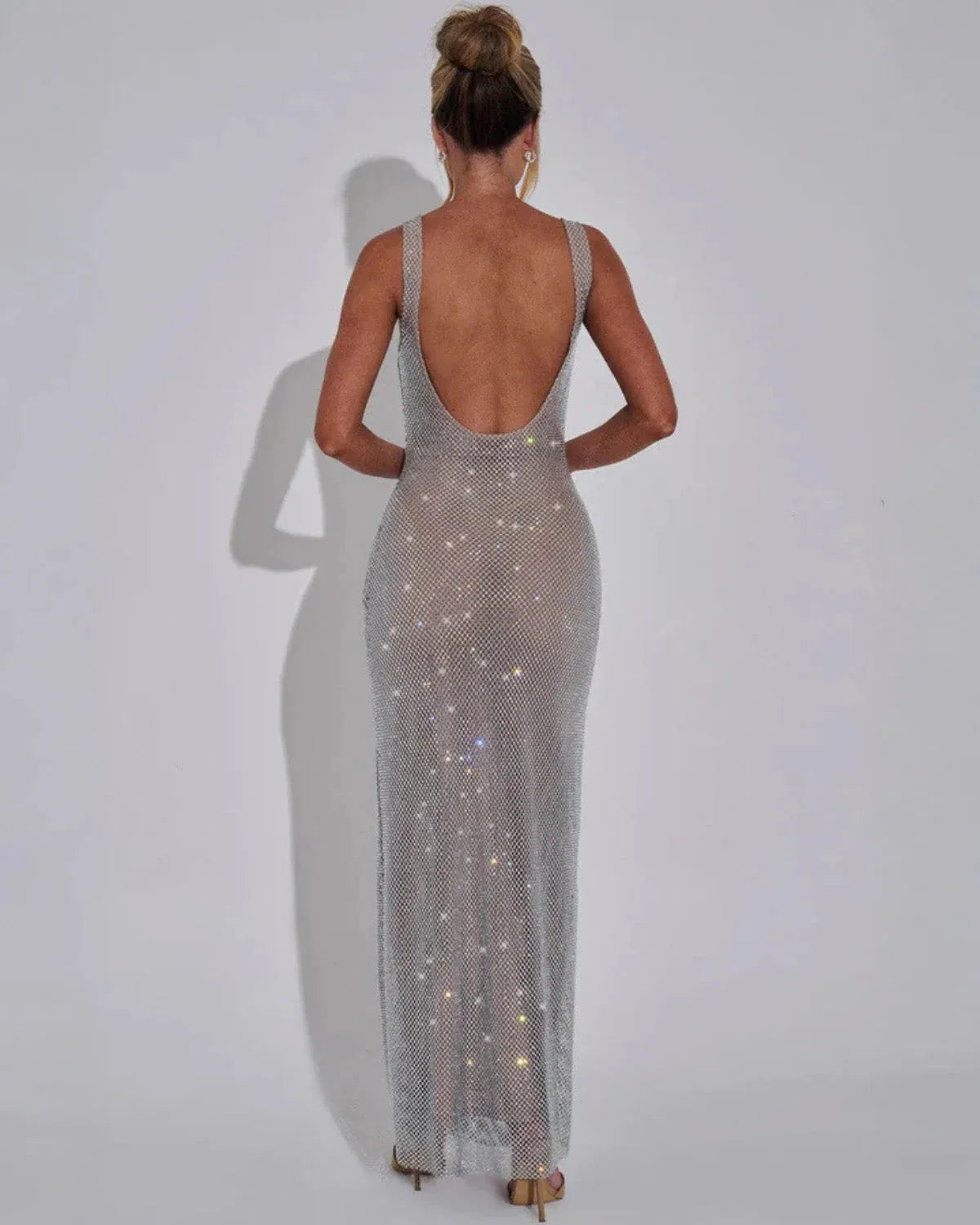 Women's Elegant Square Neck Maxi Cocktail Dress with Embellished Detailing