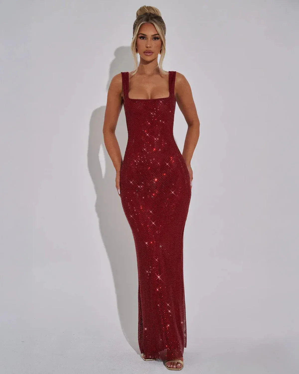 Women's Elegant Square Neck Maxi Cocktail Dress with Embellished Detailing
