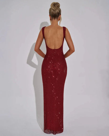 Women's Elegant Square Neck Maxi Cocktail Dress with Embellished Detailing