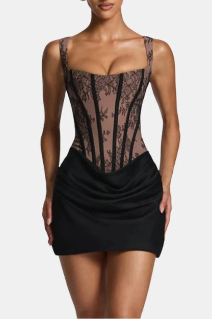 Women's Elegant Square Neck Mini Cocktail Dress with Ruched Detail