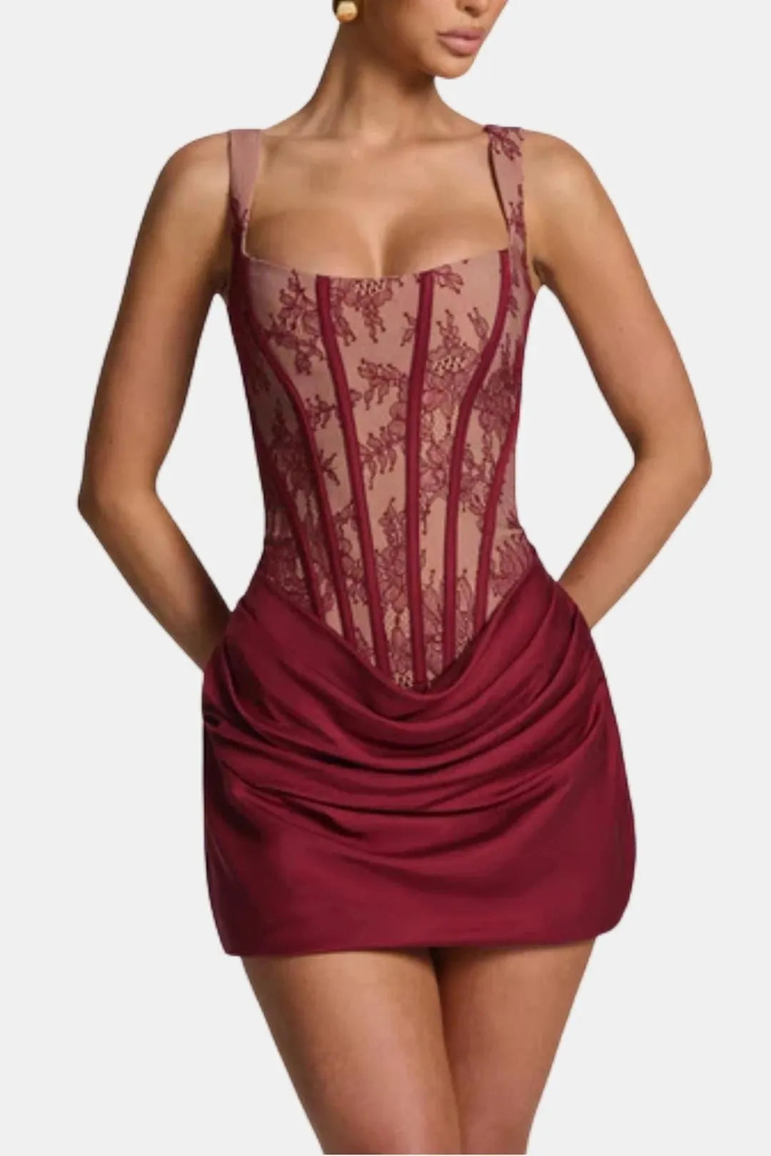 Women's Elegant Square Neck Mini Cocktail Dress with Ruched Detail