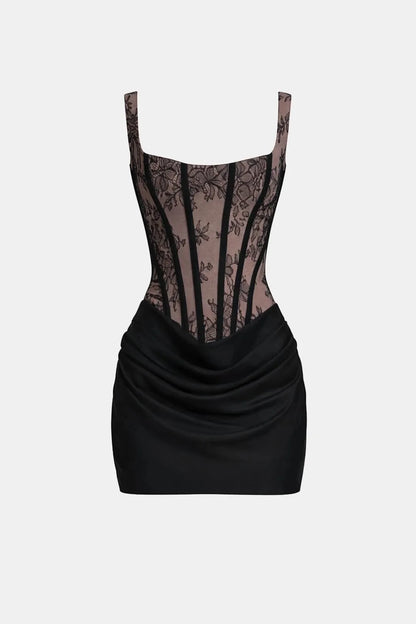 Women's Elegant Square Neck Mini Cocktail Dress with Ruched Detail