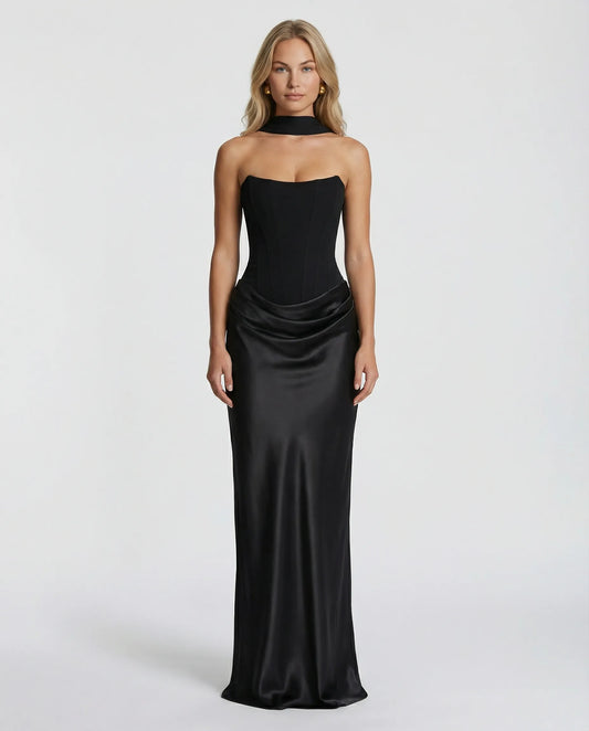 Women’s Elegant Strapless Maxi Wedding Guest Dress with Draped Detail