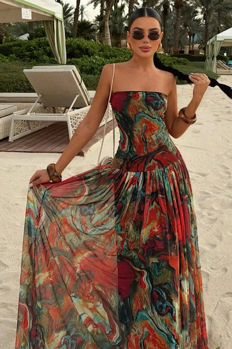 Women’s Elegant Strapless Maxi Wedding Guest Dress with Pleated Detail