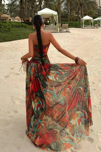 Women’s Elegant Strapless Maxi Wedding Guest Dress with Pleated Detail