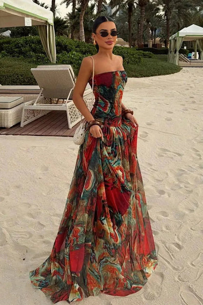 Women’s Elegant Strapless Maxi Wedding Guest Dress with Pleated Detail