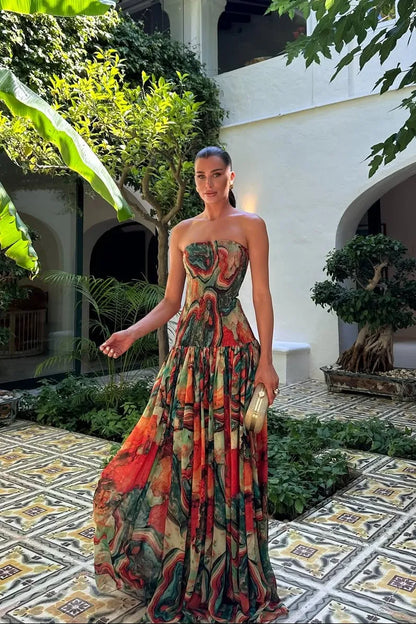 Women’s Elegant Strapless Maxi Wedding Guest Dress with Pleated Detail