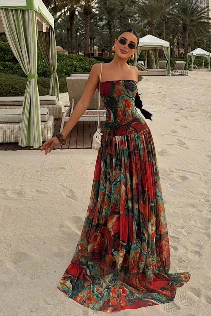 Women’s Elegant Strapless Maxi Wedding Guest Dress with Pleated Detail