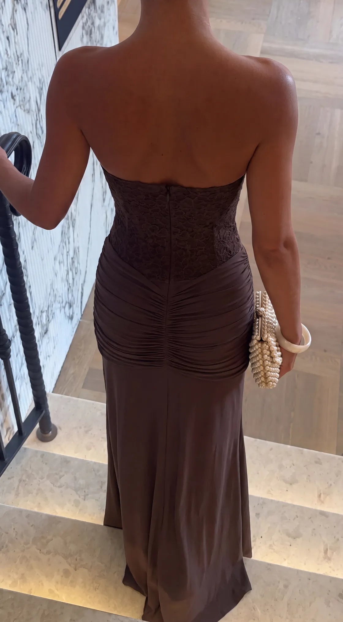 Women’s Elegant Strapless Maxi Wedding Guest Dress with Ruched Detail