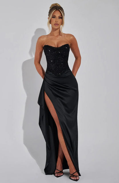 Women's Elegant Strapless Maxi Wedding Guest Dress with Slit
