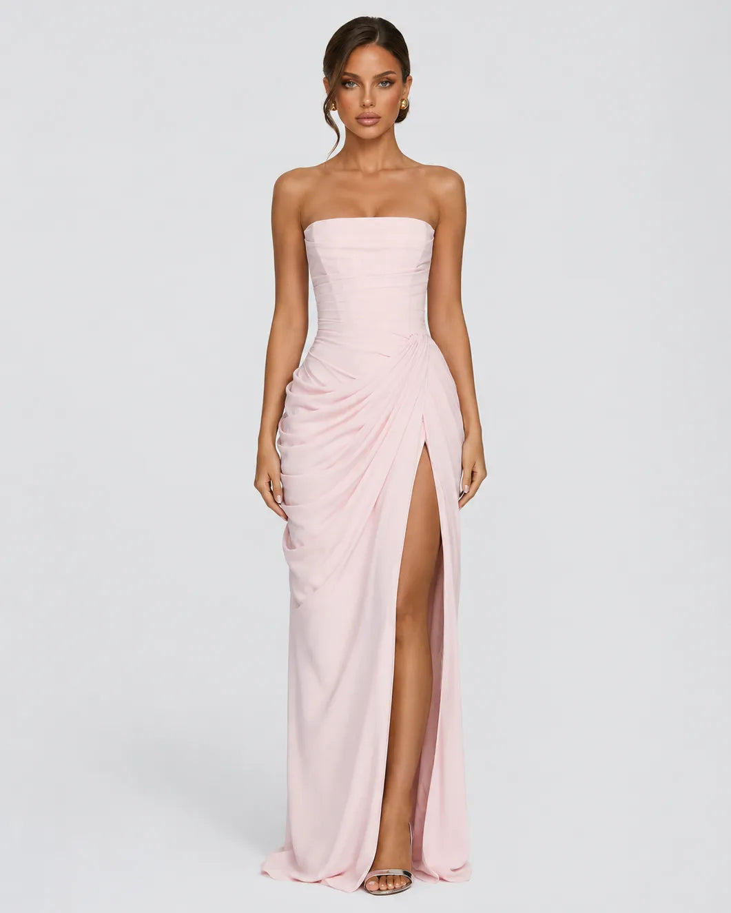 Women’s Elegant Strapless Maxi Wedding Guest Dress with Slit