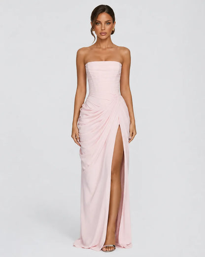 Women’s Elegant Strapless Maxi Wedding Guest Dress with Slit