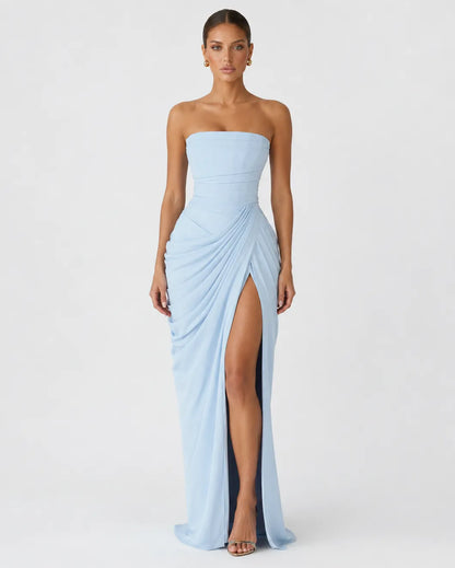 Women’s Elegant Strapless Maxi Wedding Guest Dress with Slit